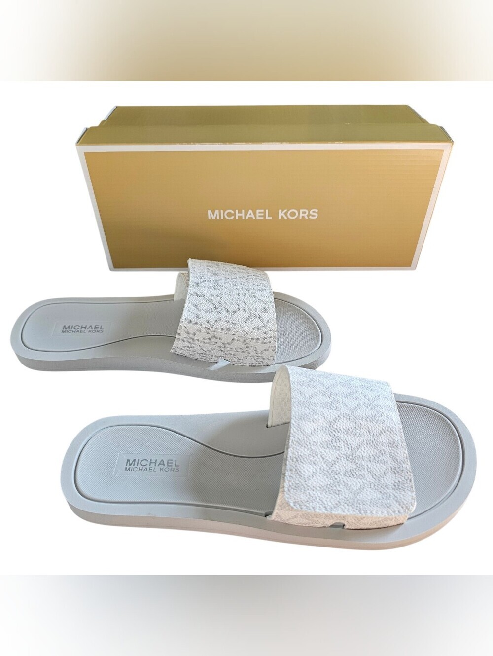 Michael Kors Women's White Textured MK Logo Wade Slide Sandals, Size 8, New